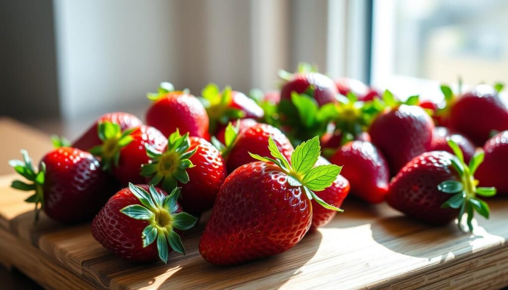 A beautiful arrangement of fresh, ripe strawberries on a wooden cutting board, bathed in natural light streaming through a window. The berries are plump, their deep red hues glistening, their leaves still attached, conveying a sense of freshness and vibrancy. The scene is captured with a shallow depth of field, focusing the viewer's attention on the alluring textures and colors of the strawberries. The overall mood is one of simplicity, purity, and the essence of the fruit, perfectly suited to inspire the creation of a delectable strawberry cheesecake roll.