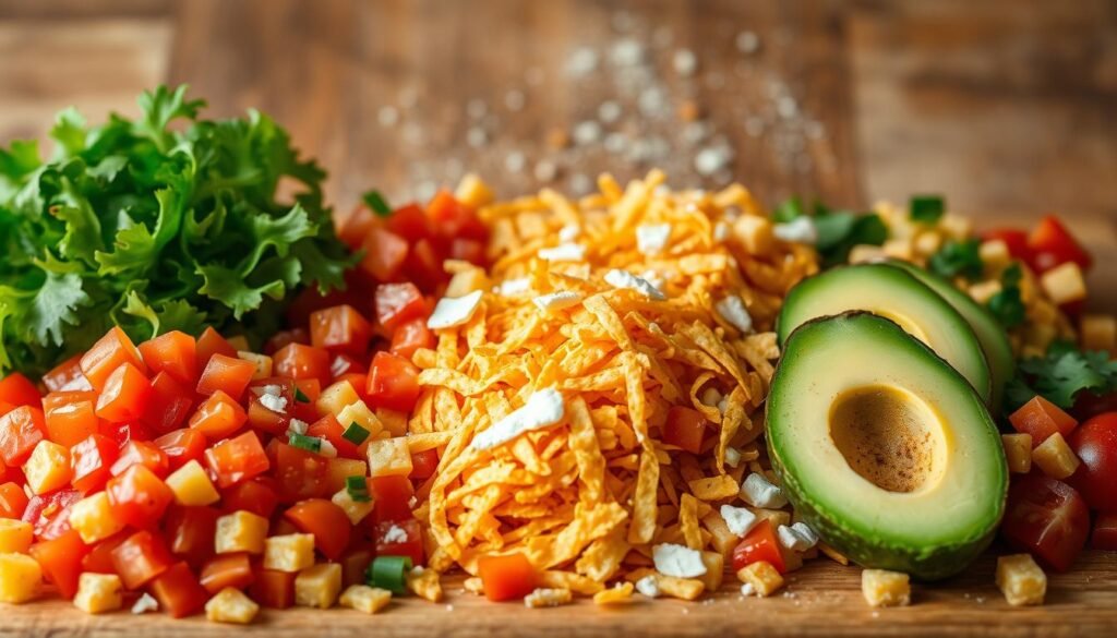 A beautifully arranged composition of freshly chopped taco toppings, set against a warm, rustic backdrop. In the foreground, vibrant diced tomatoes, crisp shredded lettuce, and creamy avocado slices. The middle ground features a sprinkling of zesty shredded cheddar cheese and crumbled queso fresco. In the background, a scattering of crunchy tortilla chip crumbs, a sprinkle of ground cumin, and a light dusting of chili powder, creating a layered, textural display. The lighting is soft and natural, casting a gentle glow on the ingredients. Captured with a wide-angle lens to showcase the full array of taco-inspired toppings, this image evokes a sense of freshness, flavor, and the perfect accompaniment to a taco-inspired shepherd's pie.