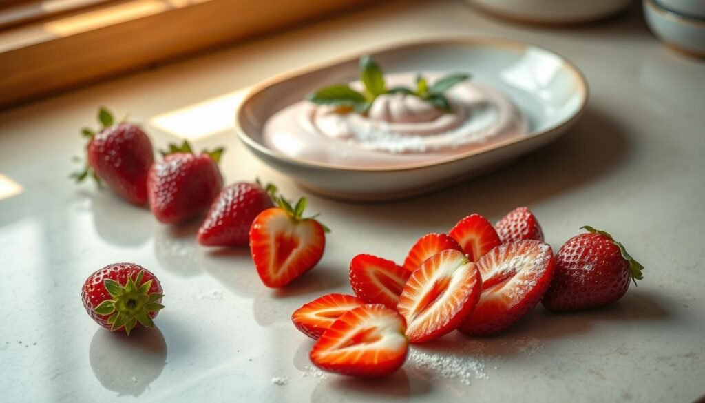A beautifully lit overhead view of a Japanese kitchen counter showcasing the preparation of a decadent strawberry dessert. In the foreground, a delicate arrangement of fresh, ruby-red strawberries, sliced and artfully displayed. In the middle ground, a porcelain bowl filled with a creamy, pale pink strawberry mousse, garnished with a dusting of powdered sugar. In the background, a traditional Japanese ceramic serving plate, elegantly adorned with a sprig of mint, awaiting the final presentation. The scene is bathed in warm, natural light, casting a soft, inviting glow and highlighting the vibrant colors and textures of the ingredients. The overall mood is one of tranquility, precision, and the celebration of the simple beauty of high-quality, seasonal ingredients.