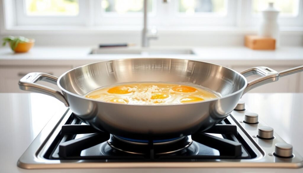 A bright, airy kitchen filled with natural light. In the center, a sleek, stainless steel frying pan sits atop a gas stove, sizzling with fresh eggs. Crumbled feta cheese glistens as it melts into the eggs, creating a creamy, golden-hued mixture. The pan is angled, revealing the step-by-step cooking process - the eggs gradually setting, the feta slowly incorporating, the edges crisping up. Overhead, a clean white countertop provides the perfect backdrop, accentuating the vibrant colors and textures of the dish. The scene evokes a sense of simplicity and culinary expertise, ready to inspire the viewer to recreate this delicious breakfast at home.