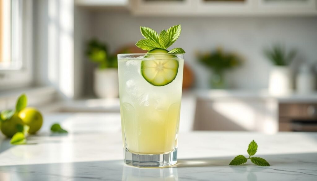 A bright, vibrant photograph of freshly squeezed cucumber juice in a clear glass tumbler, garnished with a slice of cucumber and a sprig of mint. The glass is positioned on a crisp, white marble countertop, with natural light streaming in from a nearby window, casting a soft, even glow across the scene. The focus is sharp, capturing the inviting, hydrating nature of the cucumber juice, with the background slightly blurred to emphasize the refreshing beverage. The overall mood is clean, refreshing, and showcases the healthy, nutrient-rich properties of the cucumber-based recipe.