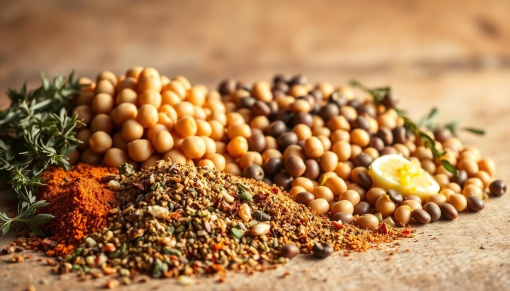 A carefully arranged collection of aromatic Greek-inspired legumes and herbs, bathed in warm, golden light and set against a textured, earthy backdrop. In the foreground, a mix of whole and ground spices - such as fragrant oregano, robust cumin, and zesty lemon zest - is delicately scattered, evoking the essence of Mediterranean cuisine. The middle ground features plump, colorful chickpeas, lentils, and split peas, their varied hues creating a visually captivating display. In the background, a subtle, weathered surface adds depth and character, complementing the natural, rustic theme. The overall composition radiates a sense of culinary authenticity and wholesome, nourishing appeal.