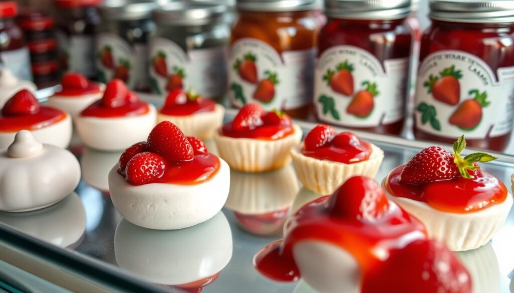 A chilled glass display showcases an array of strawberry-based desserts. The foreground features delicate strawberry mousse domes, their glossy surfaces reflecting the soft studio lighting. In the middle ground, individual strawberry shortcake cups are neatly arranged, their spongy bases supporting glistening strawberry compote. The background reveals an assortment of strawberry jam jars, their labels highlighting the vibrant red hue of the preserves. The scene evokes a sense of culinary elegance and attention to detail, perfectly capturing the essence of "Strawberry Wonder Dessert with Jam" and its "Storage and Preservation Methods".