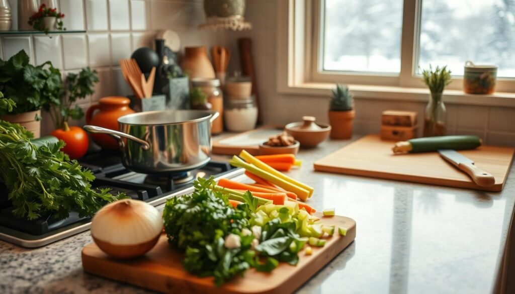 A cozy kitchen countertop with fresh vegetables, herbs, and spices neatly arranged. In the foreground, a large pot simmers on a gas stove, steam gently rising. Warm, soft lighting illuminates the scene, casting a comforting glow. The middle ground features a cutting board with a freshly chopped onion, carrots, and celery, ready to be added to the pot. In the background, a window overlooking a snowy winter landscape, hinting at the perfect soup-sipping weather. The overall atmosphere is one of homely comfort and culinary expertise, inviting the viewer to learn the secrets of crafting the perfect homemade soup.