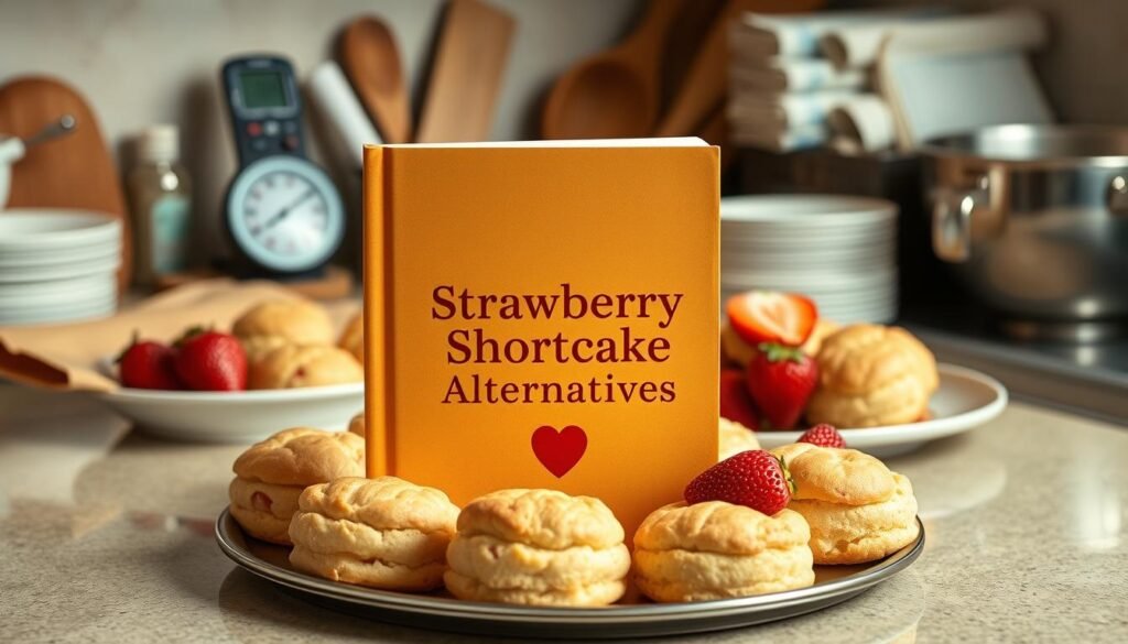 A crisp, golden-brown cover of a baking guide titled "Strawberry Shortcake Alternatives" sits at the center of the frame, surrounded by a platter of freshly baked strawberry shortcake treats. In the background, a kitchen counter is adorned with various baking tools and ingredients, including a digital thermometer, a mixing bowl, and a stack of recipe cards. Soft, warm lighting illuminates the scene, creating a cozy and inviting atmosphere. The overall composition conveys a sense of culinary expertise and the joy of baking delectable strawberry-based desserts.
