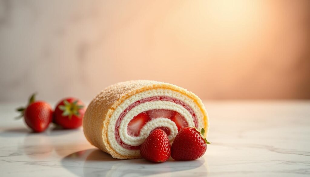 A delicate and decadent strawberry cheesecake roll sits atop a clean, marble-like surface, its layers of soft sponge cake, creamy filling, and ruby-red strawberries glistening under the warm, diffused light. Overhead, a gentle spotlight illuminates the scene, casting subtle shadows that accentuate the roll's elegant form. The background is softly blurred, allowing the viewer to focus solely on the inviting dessert, which appears almost too perfect to disturb. The atmosphere is one of refinement and appetite-inducing temptation, hinting at the delightful flavors and textures within.