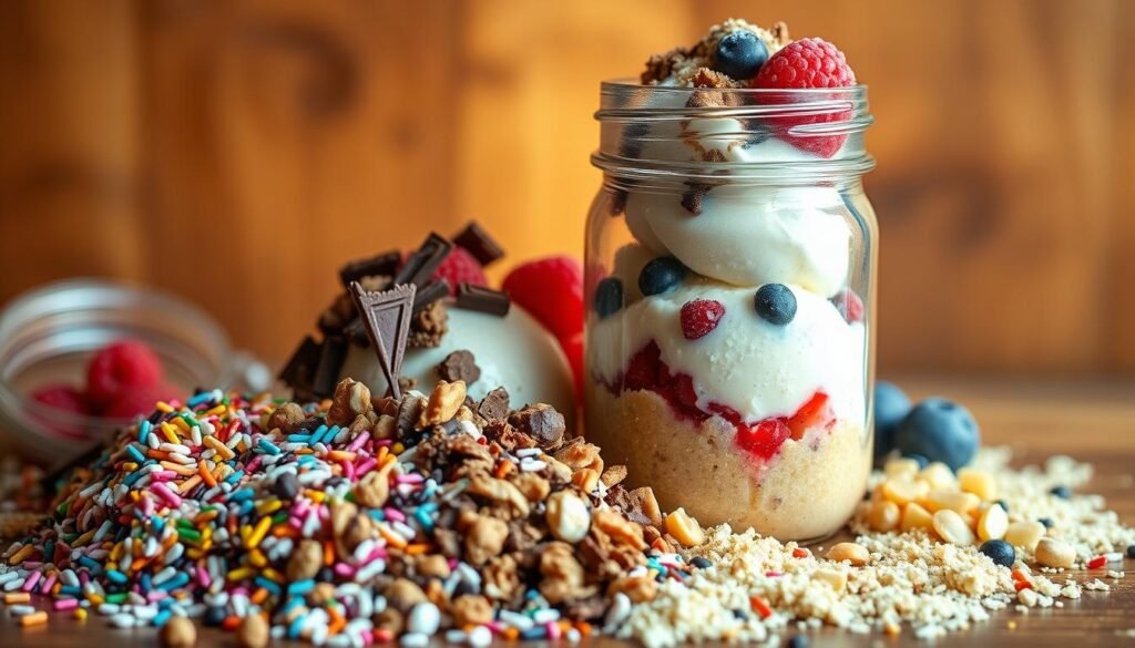 A mason jar filled to the brim with an array of delectable ice cream toppings, captured in a warm, rustic still life. The foreground showcases an assortment of colorful sprinkles, chocolate shavings, chopped nuts, and fresh berries, arranged with an artful touch. In the middle ground, the glass jar casts a soft, golden glow under natural lighting, highlighting the textures and translucency of the contents. The background features a wooden surface, adding a cozy, homespun ambiance to the scene. This captivating composition celebrates the endless possibilities for personalizing and elevating a simple scoop of ice cream, inviting the viewer to indulge in the joy of creating their own refreshing, customized treat.