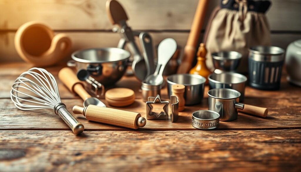 A neatly arranged collection of miniature baking tools sits on a rustic wooden surface, bathed in warm, golden light. In the foreground, a tiny whisk, a diminutive rolling pin, and a petite cookie cutter gleam against the weathered wood. In the middle ground, a diminutive mixing bowl, a miniature spatula, and a compact sifter stand ready to assist in the creation of bite-sized delights. In the background, a small oven mitt, a diminutive apron, and a miniature measuring cup add to the charming ensemble, conveying a sense of cozy, intimate baking. The overall scene evokes the delightful, handcrafted nature of the mini baking trend, inviting the viewer to imagine the delectable treats that could be produced with these tiny tools.