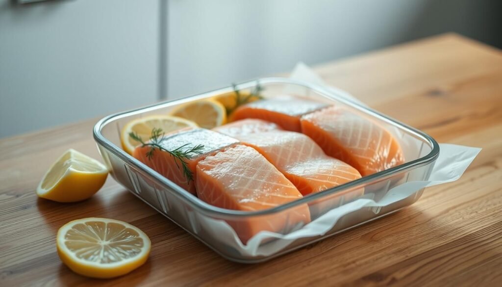 A neatly arranged wooden table, with a glass container holding leftover salmon fillets, surrounded by a few lemon slices and sprigs of fresh dill. The salmon is glistening and appears moist, resting on a bed of white paper towels. The lighting is soft and natural, casting a warm glow on the scene. The background is blurred, hinting at a simple, minimalist kitchen setting. The overall mood is one of care and attention to preserving the delicious remains of a satisfying salmon dinner.