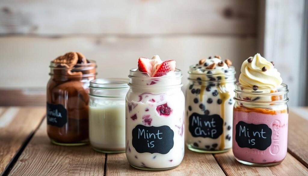 A rustic wooden table, illuminated by soft, natural lighting. In the foreground, a cluster of mason jars filled with an array of vibrant ice cream flavors - classic vanilla, rich chocolate, creamy strawberry, and decadent mint chip. The jars are adorned with simple lids and chalkboard labels, inviting the viewer to imagine the delicious mix-ins that might be swirled into each flavor, from crumbled cookies and toasted nuts to fresh fruit and gooey caramel. The composition captures the timeless charm and endless possibilities of homemade mason jar ice cream, a delightful treat that embodies the spirit of the article's "Classic Flavor Variations and Mix-ins" section.