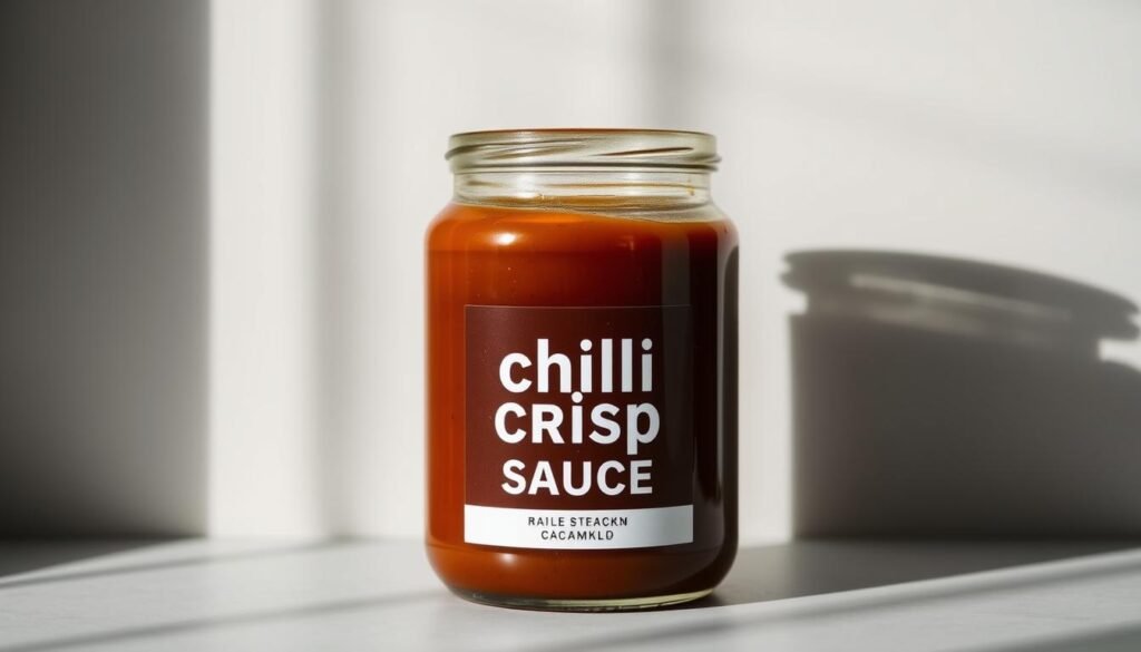 A sleek, minimalist glass jar showcasing the rich, glossy chili crisp caramel sauce. The jar is set against a neutral background, softly lit from above to highlight the sauce's mesmerizing texture and deep, burnished hue. Faint shadows add depth and dimension, creating a sense of elegant simplicity. The jar's label features a clean, modern typeface that clearly communicates the contents, conveying a premium, artisanal quality. The overall composition evokes a sense of refined, sophisticated storage for this indulgent condiment, inviting the viewer to imagine its versatile culinary applications. A sleek, minimalist glass jar showcasing the rich, glossy chili crisp caramel sauce. The jar is set against a neutral background, softly lit from above to highlight the sauce's mesmerizing texture and deep, burnished hue. Faint shadows add depth and dimension, creating a sense of elegant simplicity. The jar's label features a clean, modern typeface that clearly communicates the contents, conveying a premium, artisanal quality. The overall composition evokes a sense of refined, sophisticated storage for this indulgent condiment, inviting the viewer to imagine its versatile culinary applications.