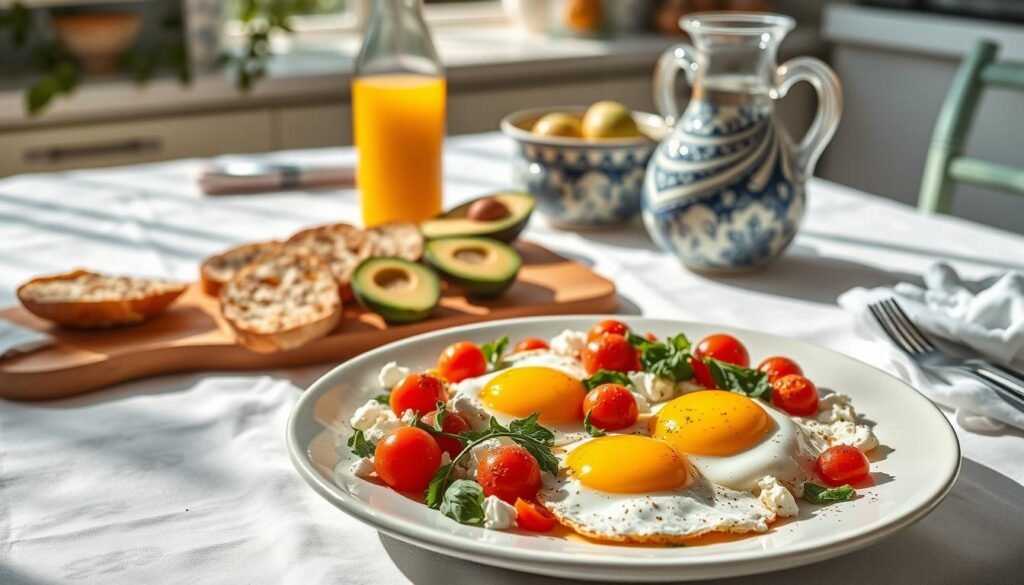 A sun-dappled Mediterranean kitchen scene, the table laid with crisp white linens and an assortment of serving platters. In the foreground, a platter of perfectly fried eggs, their golden yolks glistening, nestled among crumbled feta, fresh herbs, and juicy cherry tomatoes. Behind, a board of toasted sourdough, drizzled with olive oil and sprinkled with za'atar. In the middle ground, a decorative ceramic bowl overflows with sliced avocado, while a glass carafe of freshly squeezed orange juice stands ready to complete the vibrant, nourishing spread. The overall atmosphere is one of rustic elegance, inviting the viewer to savor the flavors of a Mediterranean morning.