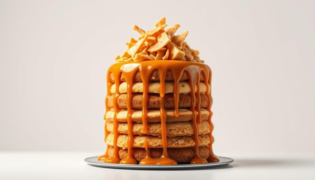 A towering caramel layer cake, its golden surface glistening under warm studio lighting. Thick caramel drizzle cascades down the sides, pooling elegantly at the base. Delicate caramel shards and luscious caramel brittle adorn the top, creating a visually striking yet sophisticated dessert presentation. The cake rests on a pristine white background, the composition framed by a shallow depth of field to emphasize the intricate details. Smooth, even lighting from above casts subtle shadows, accentuating the cake's meticulously crafted layers and textures. An image that beckons the viewer to indulge in this irresistible caramel confection.