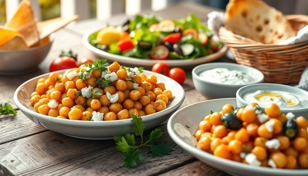A vibrant Mediterranean-style chickpea dinner, served on a rustic wooden table. In the foreground, a plate showcases the hearty, golden-roasted chickpeas, garnished with crumbled feta, fresh parsley, and a drizzle of olive oil. Surrounding the plate, an array of complementary elements - a bowl of tangy tzatziki sauce, a basket of warm pita bread, and a scattering of olives and lemon wedges. In the middle ground, a colorful salad of mixed greens, tomatoes, and cucumbers adds a refreshing touch. The background is bathed in soft, natural lighting, creating a welcoming, al fresco ambiance. The overall scene evokes the flavors and casual elegance of the Mediterranean, inviting the viewer to savor this satisfying and nourishing chickpea-based dinner.