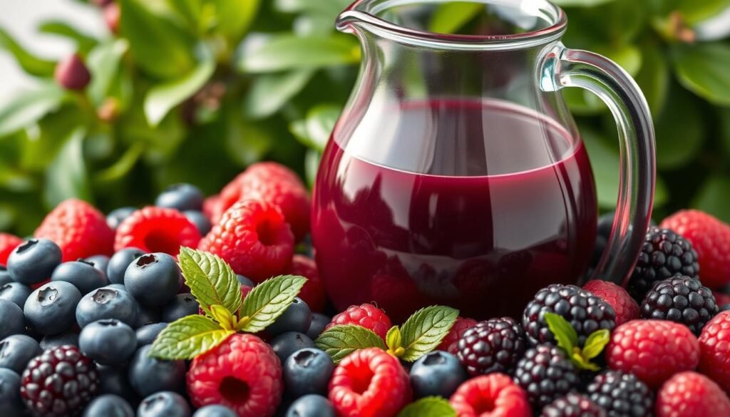 A vibrant assortment of antioxidant-rich berries, including plump blueberries, juicy raspberries, and succulent blackberries, are elegantly arranged against a backdrop of lush greenery. The berries are captured in a soft, natural lighting that accentuates their vibrant hues and glossy textures. The composition is framed by a glass pitcher filled with a deep, ruby-colored berry juice, its contents reflecting the surrounding flora. The overall scene conveys a sense of freshness, vitality, and the inherent healthfulness of these antioxidant-packed ingredients.