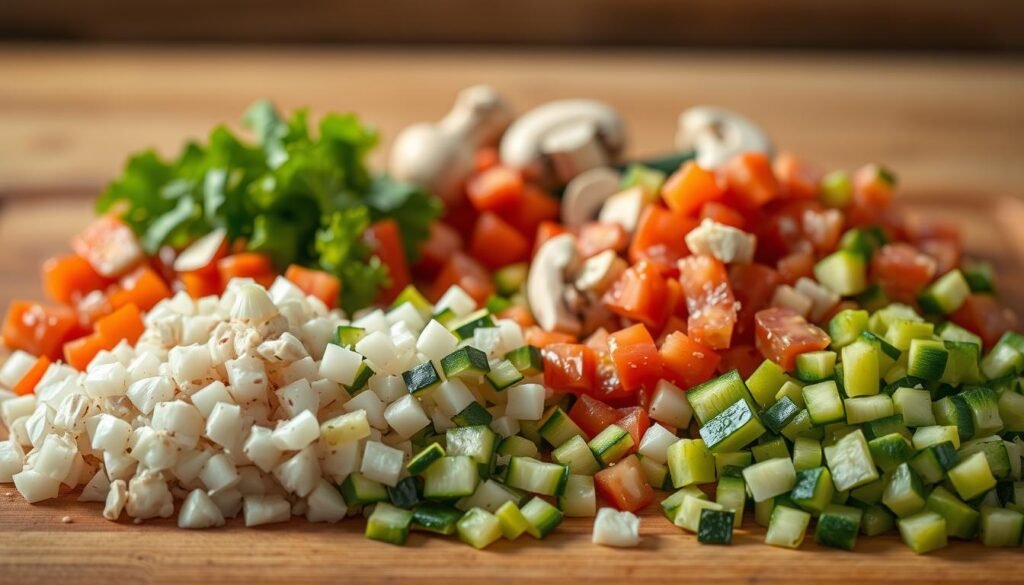 A vibrant, high-resolution close-up shot of a variety of freshly chopped vegetables for a vegan lasagna filling, arranged on a wooden cutting board. In the foreground, we see diced onions, garlic, bell peppers, and zucchini, carefully prepped and ready to be sautéed. In the middle ground, sliced mushrooms and diced tomatoes add depth and texture. The background features a soft, blurred backdrop, allowing the colors and textures of the ingredients to take center stage. Warm, natural lighting casts a gentle glow over the scene, highlighting the vibrant hues and inviting the viewer to imagine the rich, savory flavors to come.