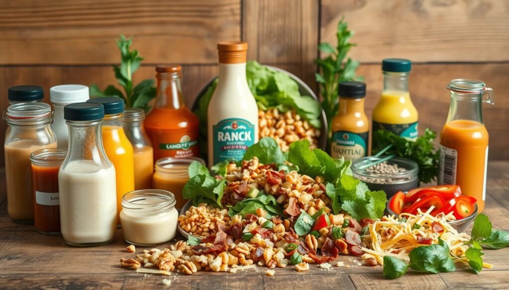 A vibrant still life showcasing an array of creative salad dressings and toppings. In the foreground, a variety of bottled dressings and dips are arranged - from thick and creamy ranch to zesty vinaigrettes, each with their own distinctive colors and textures. In the middle ground, an assortment of fresh salad toppings are scattered, including crisp bacon bits, toasted nuts, shredded cheese, and colorful vegetable garnishes. The background features a rustic wooden table with natural lighting casting a warm glow, highlighting the inviting composition. The overall scene evokes a sense of culinary experimentation and the endless possibilities for elevating a simple salad.