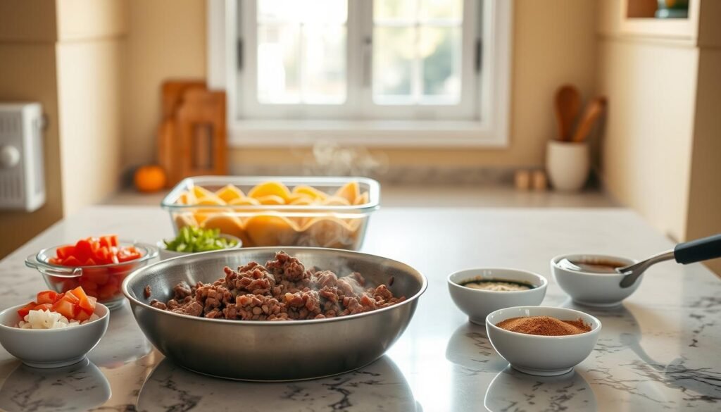 A well-lit kitchen counter showcases a mise en place of ingredients for ground beef taco casserole. In the foreground, a large skillet sizzles with seasoned ground beef, its aroma wafting through the air. Surrounding the skillet, diced tomatoes, minced onions, garlic, and taco seasoning sit in small bowls, ready to be added to the beef. In the middle ground, a baking dish waits patiently, its sides lined with taco shells, forming a sturdy base for the filling. The background features a bright, open window, allowing natural light to flood the scene and create a warm, inviting atmosphere. The overall composition conveys the process of preparing a hearty, flavorful taco casserole.
