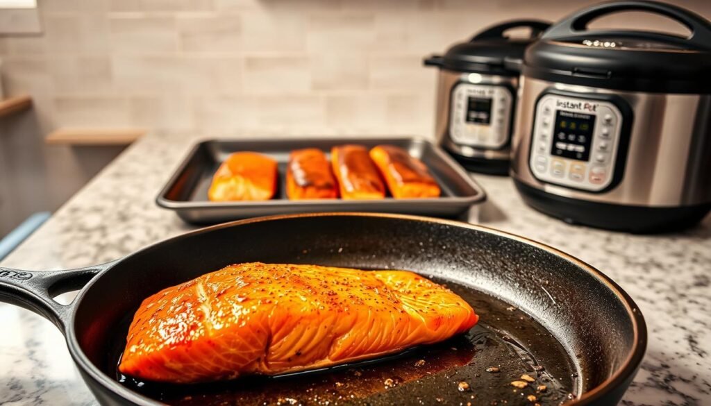 A well-lit kitchen counter with a variety of salmon cooking methods neatly arranged. In the foreground, a cast-iron skillet sears a salmon fillet, its golden-brown crust glistening under warm, directional lighting. In the middle ground, a baking sheet holds a row of salmon fillets, their edges slightly charred from roasting. In the background, a slow cooker and an Instant Pot showcase the versatility of salmon preparation, their lids ajar to reveal the tender, flaky fish within. The scene exudes a cozy, culinary atmosphere, inviting the viewer to explore the range of simple, yet delicious, salmon cooking techniques.
