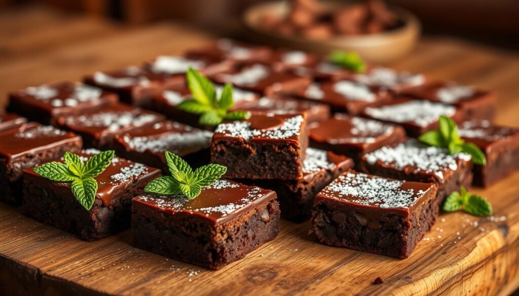 Artisanal brownies displayed on a rustic wooden table, the rich chocolate aroma filling the air. Carefully arranged in an elegant presentation, each square glistens with a thin layer of glossy ganache. Soft, fudgy centers are complemented by crisp, crackled tops. Sprigs of fresh mint and a light dusting of powdered sugar add sophisticated flourishes. Warm, golden lighting casts a cozy, inviting glow, while a shallow depth of field blurs the background, drawing the eye to the decadent treats. The overall mood is one of indulgence and culinary craftsmanship, perfectly suited for a highend Dubai chocolate boutique.