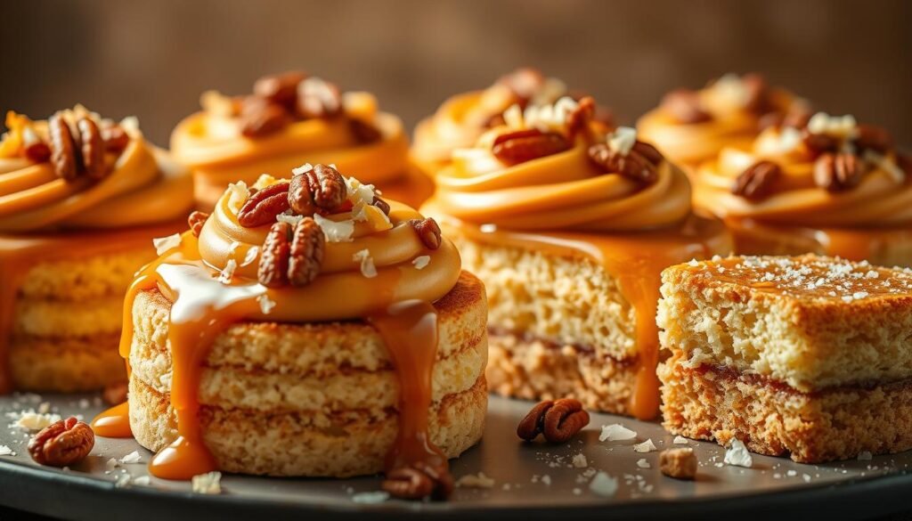 Delectable caramel cake variations arranged in a visually captivating display. Luscious swirls of caramel, dripping elegantly over the moist, golden sponge cakes. Garnished with crunchy caramelized pecans, toasted coconut shreds, and a sprinkling of sea salt flakes. A warm, inviting lighting illuminates the scene, casting a soft, dreamlike glow. Captured from a low angle, highlighting the intricate textures and layers of this irresistible dessert. The overall mood is one of indulgence, sophistication, and a touch of whimsy, inviting the viewer to savor each delectable creation.