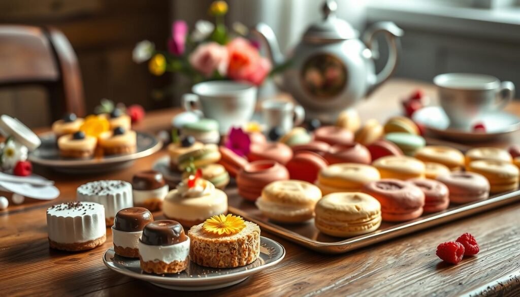 Prompt A delightful mini dessert party spread, artfully arranged on a rustic wooden table. In the foreground, a selection of bite-sized delights - miniature cheesecakes, elegant chocolate truffles, and delicate lemon tarts. The middle ground showcases an array of colorful macarons, their shells glistening under soft, natural lighting. In the background, a scattering of edible flowers and fresh berries adds a touch of whimsy, while a vintage-inspired teapot and teacups suggest an intimate, cozy atmosphere. The scene radiates an air of indulgence and sophistication, perfectly capturing the essence of a chic, small-scale dessert party.