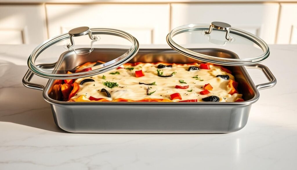Vegan Lasagna Storage Tips: A stainless steel baking dish with tightly sealed glass lids sits on a white marble countertop, casting soft, diffused shadows. The lasagna, a layered masterpiece of fresh pasta, creamy cashew béchamel, and vibrant roasted vegetables, is meticulously arranged within, ready to be refrigerated or frozen for later enjoyment. The scene is illuminated by warm, natural lighting, highlighting the dish's inviting texture and color palette. A minimalist, Scandinavian-inspired kitchen setting provides a clean, uncluttered backdrop, allowing the vegan lasagna to take center stage as a culinary work of art.
