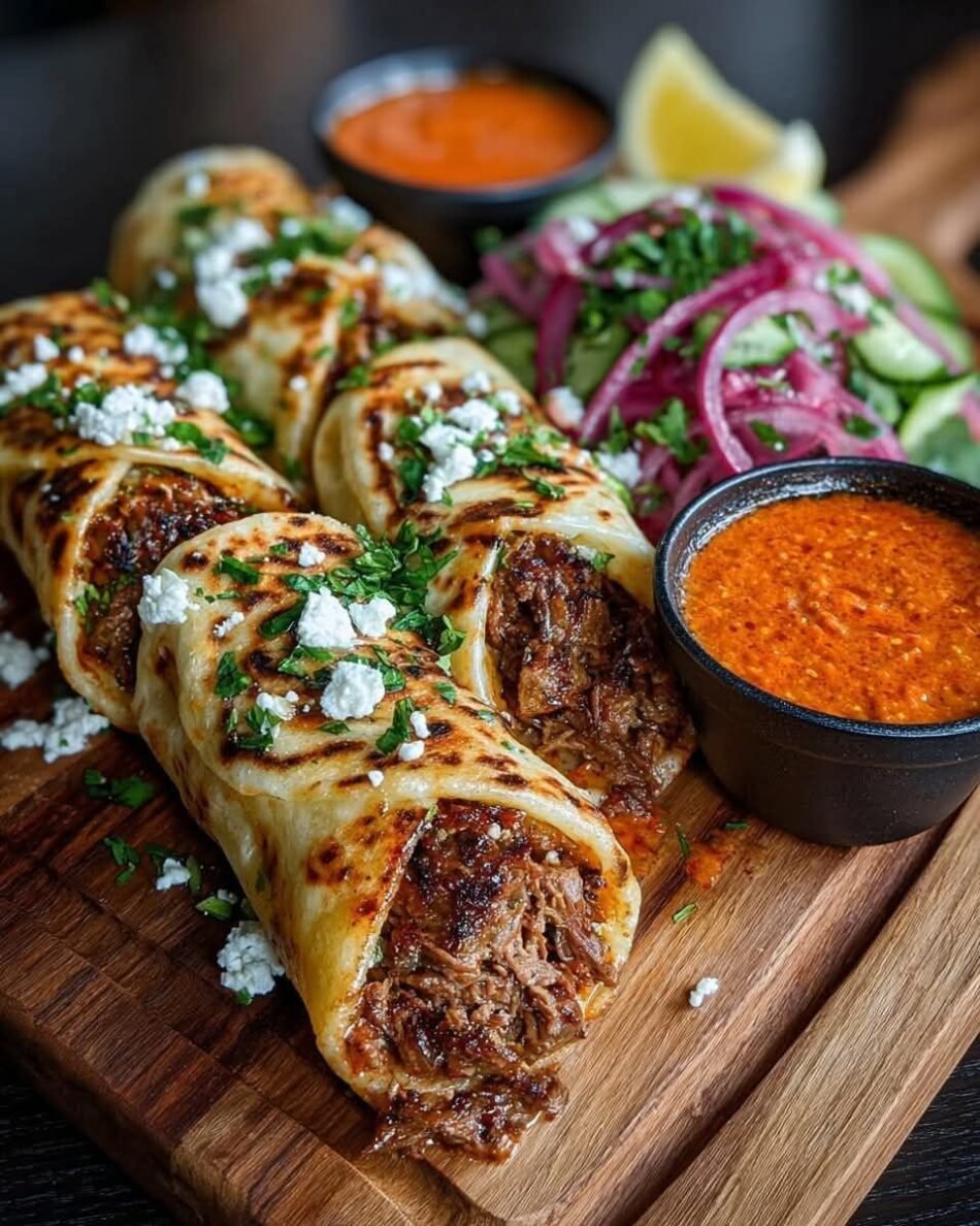 Greek Lamb Wraps with Roasted Red Pepper Sauce