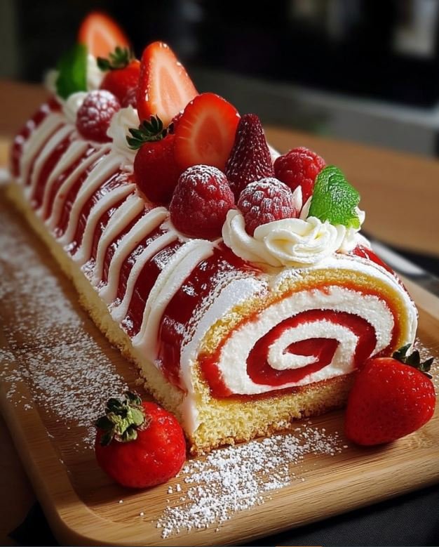 Strawberry and Whipped Cream Yule Log