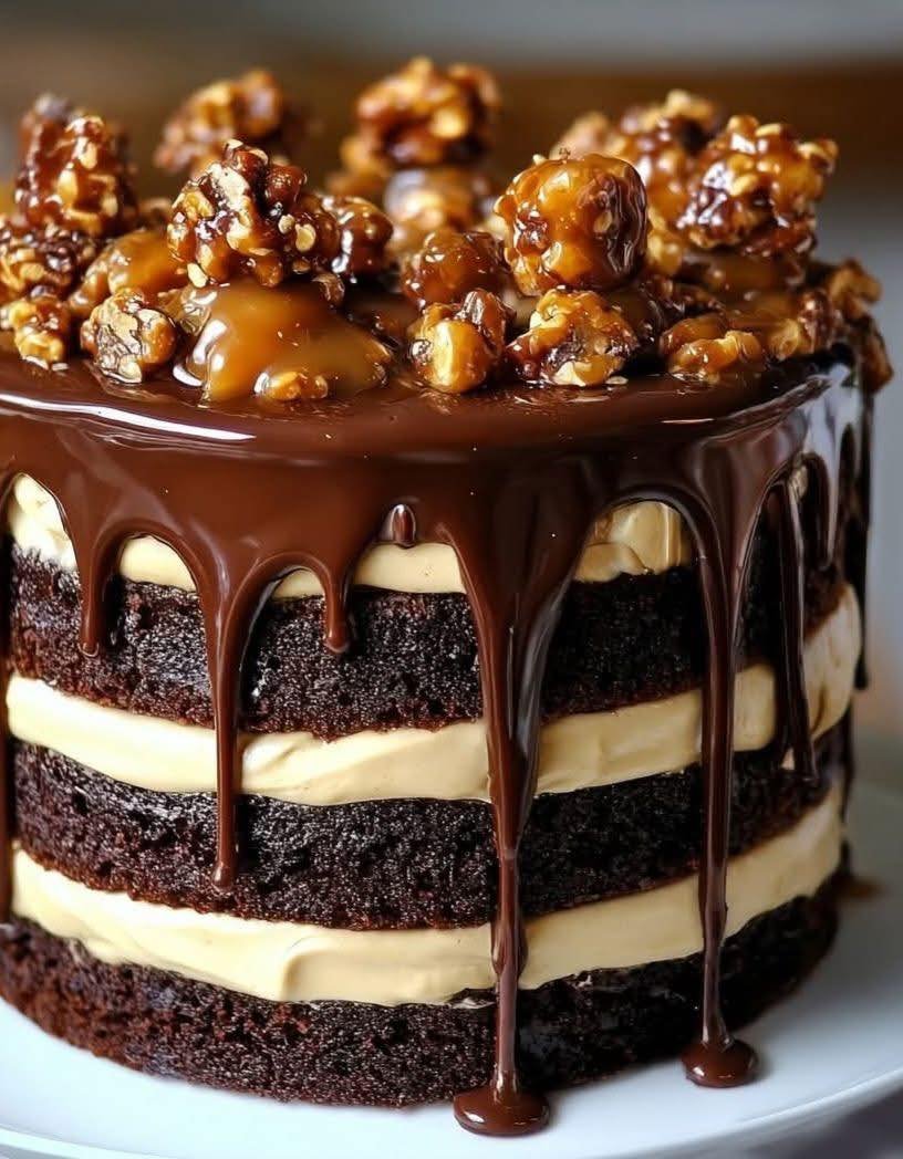 Sticky Chocolate Caramel Turtle Layer Cake