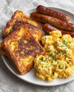 French Toast, Creamy Scrambled Eggs & Sausages