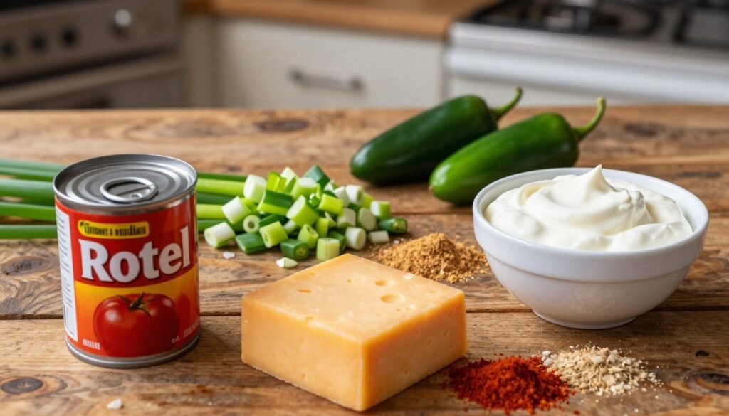 A beautifully arranged display of essential ingredients for a Rotel dip recipe. In the foreground, a vibrant can of Rotel tomatoes, a block of creamy Velveeta cheese, and a bowl of rich sour cream. In the middle, diced green onions, fresh jalapeños, and spices like garlic powder and chili powder add pops of color and texture. The background features a rustic wooden table, softly lit with warm, inviting lighting that enhances the appetizing hues of the ingredients. A blurred kitchen setting creates a cozy atmosphere, evoking a sense of home-cooked comfort. Capture the image from a slightly elevated angle to emphasize the arrangement and details, focusing on the textures and freshness of the ingredients.