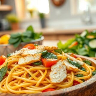 A beautifully arranged pasta dish featuring colorful fresh vegetables like bell peppers, cherry tomatoes, and spinach, intertwined with golden strands of spaghetti. In the foreground, a wooden serving bowl is filled with the pasta, topped with grilled chicken strips for protein and a sprinkle of parmesan cheese. A vibrant, fresh salad with arugula, cucumbers, and a lemon vinaigrette is placed beside it. The scene is set in a cozy kitchen with warm, natural lighting coming from a window in the background, creating a welcoming atmosphere. The camera angle is slightly above the table, focusing on the textures and colors of the ingredients, inviting a sense of freshness and healthiness to the meal being prepared for six people.