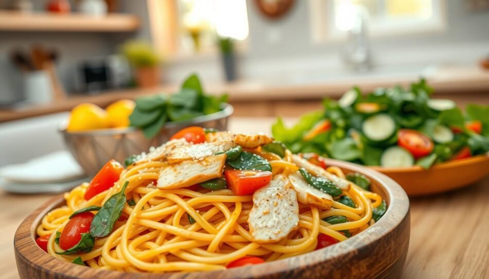 A beautifully arranged pasta dish featuring colorful fresh vegetables like bell peppers, cherry tomatoes, and spinach, intertwined with golden strands of spaghetti. In the foreground, a wooden serving bowl is filled with the pasta, topped with grilled chicken strips for protein and a sprinkle of parmesan cheese. A vibrant, fresh salad with arugula, cucumbers, and a lemon vinaigrette is placed beside it. The scene is set in a cozy kitchen with warm, natural lighting coming from a window in the background, creating a welcoming atmosphere. The camera angle is slightly above the table, focusing on the textures and colors of the ingredients, inviting a sense of freshness and healthiness to the meal being prepared for six people.