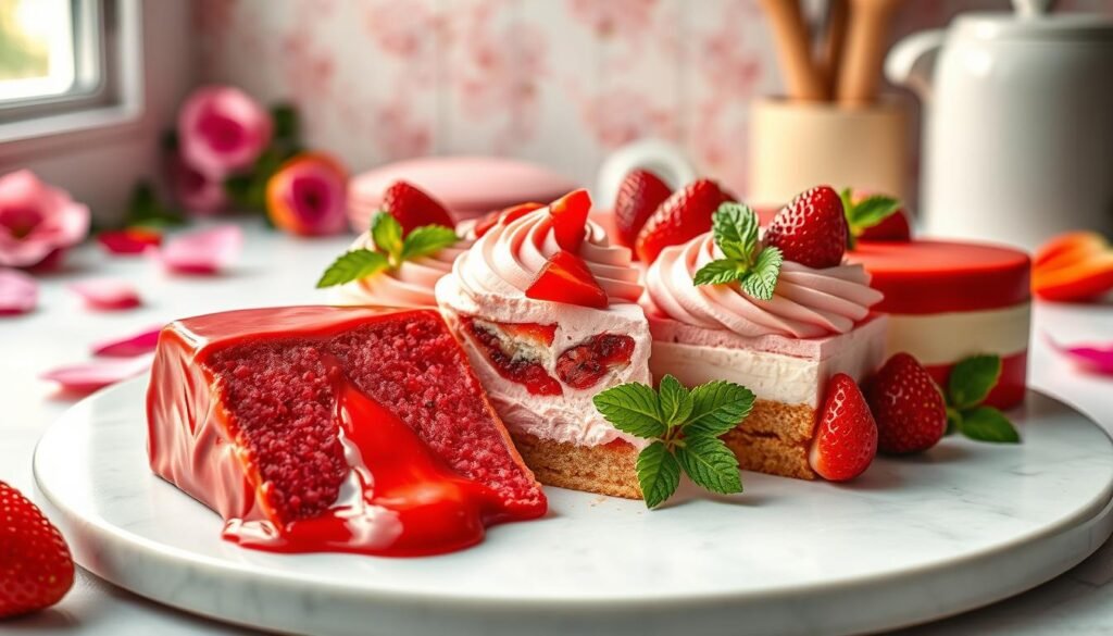 A beautifully arranged selection of strawberry cake fillings in vibrant shades of red and pink, showcasing a variety of textures and styles. In the foreground, a rich, velvety strawberry ganache oozes from a slice of cake, while beside it, creamy strawberry mousse swirls gracefully, embedded with bits of whole strawberries. In the middle ground, a delicate layer of strawberry compote and a smooth cream cheese filling intermingle, enhancing their visual appeal with fresh mint leaves scattered artistically. The background features a soft-focus, pastel-colored kitchen setup with rose petals and baking tools subtly placed, creating a warm, inviting atmosphere. The scene is illuminated by soft, natural light pouring in from a window, giving the image a cozy, homemade feel. The angle captures both the beauty and the mouthwatering allure of these stunning fillings.
