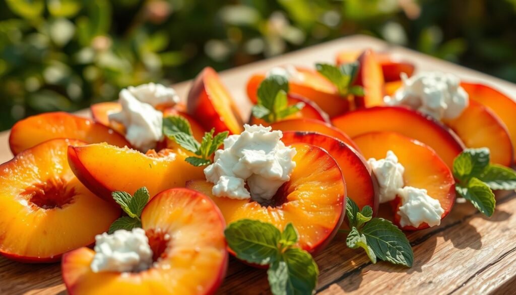 A beautifully arranged stone fruit salad featuring fresh, ripe peaches sliced into elegant wedges, paired with dollops of creamy cheese artfully placed on top. The foreground showcases vibrant colors and textures, with juicy peaches glistening under soft, natural sunlight. Crumbling feta or creamy burrata adds a luxurious touch, surrounded by sprigs of mint for a pop of green. In the middle ground, a rustic wooden table emphasizes the casual yet inviting atmosphere of summer dining. The background is softly blurred, hinting at a garden setting with lush greenery, enhancing the fresh and seasonal feel. The lighting is warm and inviting, reminiscent of a sunny afternoon, evoking a sense of happiness and ease. The angle is slightly overhead, capturing the delightful presentation of this quick and easy dish.