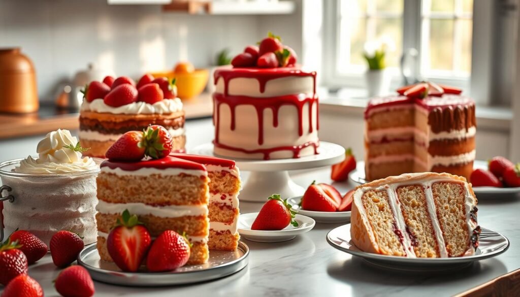 A beautifully arranged tabletop showcasing a variety of strawberry cakes, each representing different styles and complexities. In the foreground, a simple, rustic strawberry sponge cake with fresh strawberries and whipped cream, next to a more elaborate layered strawberry cake decorated with intricate fondant and chocolate details. In the middle, a modern, minimalist cake featuring a glossy strawberry glaze and vibrant garnishes, surrounded by small plates of sliced cake revealing the textures within. The background displays a soft-focus kitchen setting bathed in warm, natural light, with gentle reflections highlighting the glossy surfaces of the cakes. The mood is inviting, celebrating the artistry and variety of strawberry cake recipes, inspiring creativity and passion for baking.