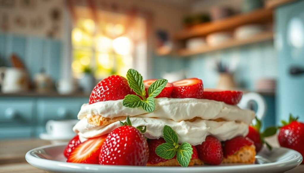 A beautifully designed wallpaper that embodies the shortcake aesthetic, featuring a dreamy composition of vibrant strawberries, fluffy whipped cream, and delicate cake layers. The foreground showcases a close-up of a luscious strawberry shortcake slice, adorned with glistening strawberries and mint leaves. In the middle ground, soft pastel colors blend harmoniously, creating a whimsical, inviting atmosphere. The background is softly blurred, showcasing a vintage kitchen setting with natural light streaming in through a window, enhancing the cheerful ambiance. The scene is reminiscent of a cozy afternoon tea, evoking feelings of nostalgia and warmth. Use a shallow depth of field to highlight details while maintaining a dreamy focus, capturing the essence of creativity and inspiration in the shortcake aesthetic.
