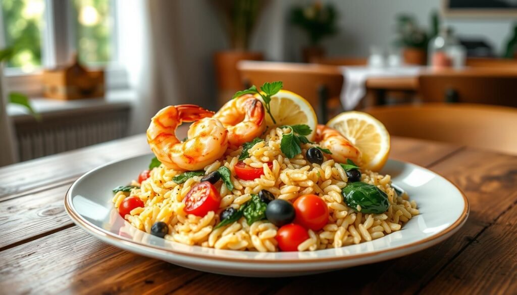 A beautifully presented plate of Mediterranean flavors shrimp orzo, featuring tender shrimp sautéed in garlic and olive oil, served atop a bed of fluffy orzo pasta mixed with vibrant cherry tomatoes, spinach, and a sprinkle of fresh parsley. The dish is garnished with lemon wedges and olives, adding texture and a pop of color. In the foreground, a rustic wooden table serves as the base, while in the background, soft, natural lighting spills through an open window, creating a warm and inviting atmosphere. Capture the scene from a slightly elevated angle to focus on the dish, emphasizing the rich colors and textures, evoking a sense of comfort and simplicity ideal for easy weeknight meals.