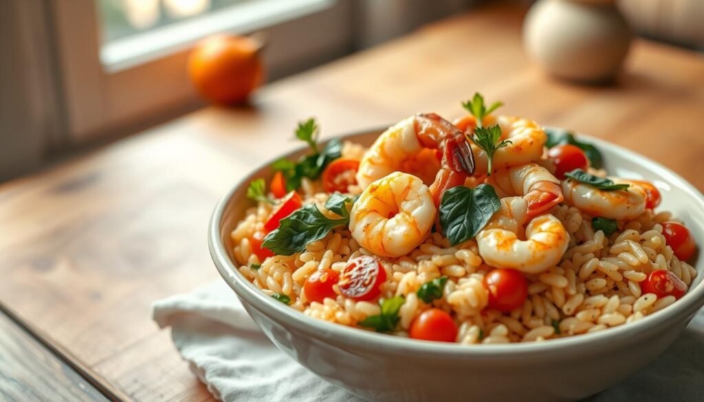 A beautifully styled shrimp orzo dish, featuring plump, pink shrimp nestled atop a bed of fluffy orzo pasta, tossed with vibrant, seasonal vegetables like cherry tomatoes, spinach, and bell peppers. Garnished with fresh herbs like parsley and basil, the dish is served in a rustic, white ceramic bowl. The foreground captures the colorful ingredients in sharp detail, while the background features a softly blurred wooden table and a window with natural sunlight streaming in, creating a warm, inviting atmosphere. The image is taken from a slightly elevated angle, emphasizing the dish’s presentation, vibrancy, and the textures of the pasta and shrimp. The overall mood is cheerful and homey, perfect for inspiring easy weeknight meals.