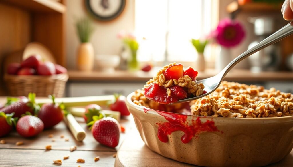 A beautifully styled strawberry rhubarb crisp nestled in a rustic baking dish, with a golden oat topping glistening under soft, natural light. In the foreground, a spoon is delicately serving a scoop, revealing the rich red filling peeking through. The middle ground features fresh strawberries and vibrant green rhubarb stalks scattered artfully around the dish, hinting at the ingredients. In the background, a cozy kitchen setting with wooden shelves and warm floral decorations, creating a welcoming atmosphere. The scene is illuminated by warm, diffused sunlight streaming in through a nearby window, enhancing the textures of the crisp and the freshness of the fruit. The mood conveys a sense of nostalgia and warmth, perfect for a delightful dessert.