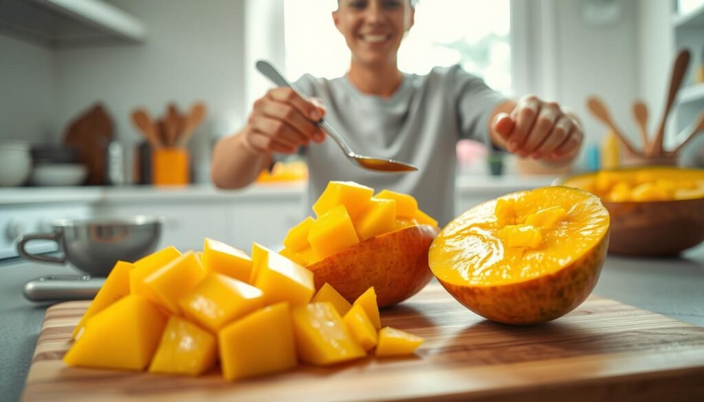 A bright kitchen scene featuring a ripe mango being expertly cut open and its vibrant golden pulp scooped out with a spoon. In the foreground, focus on the shiny, fresh mango pieces on a wooden cutting board, with juice glistening. The middle ground showcases a cheerful person in casual clothing, their hands skillfully maneuvering a spoon into the mango, capturing the juicy flesh. Surrounding them are kitchen utensils and a bowl ready for the mango pulp, hinting at the preparation for juice. The background includes soft, diffused natural light streaming through a window, giving a warm, inviting atmosphere. The composition conveys a sense of excitement and delight in preparing a refreshing and delicious mango juice.