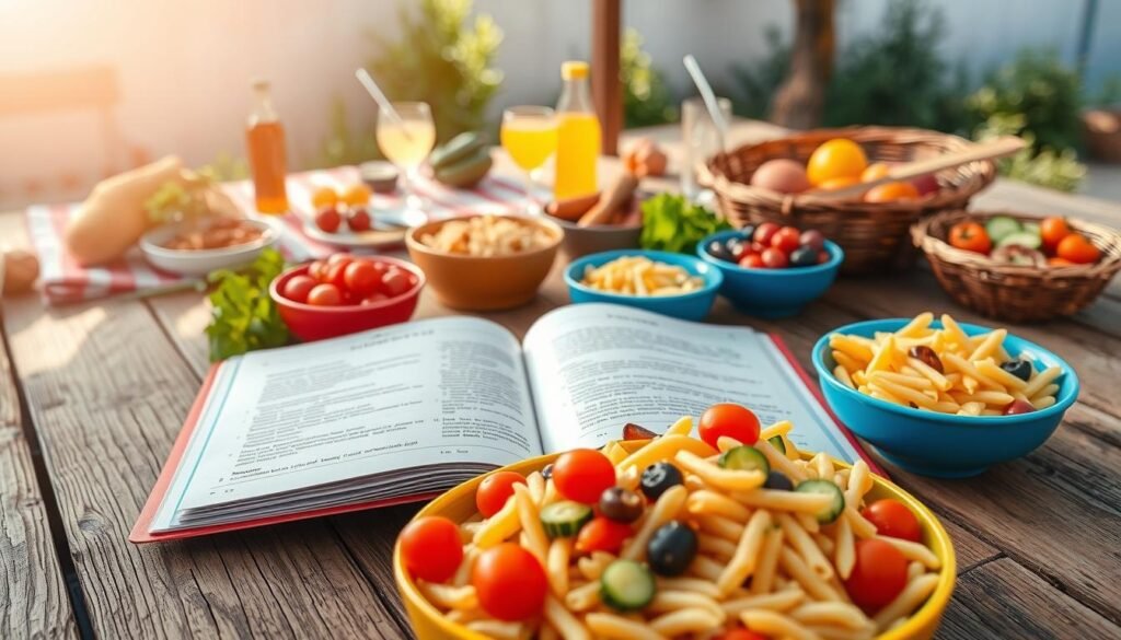 A bright, visually appealing step-by-step guide to making pasta salad, laid out on a rustic wooden table. The foreground showcases a colorful array of ingredients such as cherry tomatoes, cucumbers, bell peppers, olives, and pasta in vibrant bowls, neatly arranged. In the middle section, a clear, detailed view of an open recipe book displaying simple, illustrated instructions on preparing the salad. Above, the background features a sunny outdoor barbecue setting with scattered picnic items, refreshing drinks, and greenery, enhancing a joyful summer atmosphere. The lighting is warm and natural, suggesting a sunny day, with a slight depth of field to focus on the ingredients and recipe. The overall mood is cheerful and inviting, perfect for summer parties.