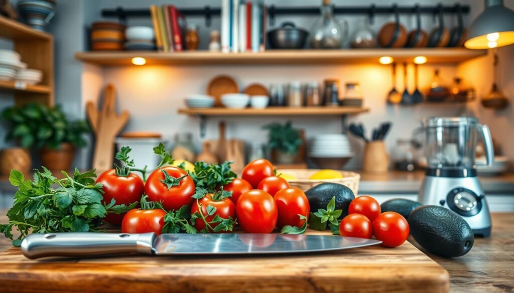 A cozy and inviting kitchen scene showcasing essential tools for healthy cooking. In the foreground, a wooden cutting board displaying vibrant fruits and vegetables, such as ripe tomatoes, fresh herbs, and avocados, surrounded by cooking utensils like a stainless steel knife and a wooden spoon. The middle layer includes neatly organized kitchen essentials: ceramic bowls, glass jars filled with spices, and a lightweight blender. The background features warm, ambient lighting that highlights a rustic kitchen with open shelves displaying cookbooks and hanging pots. The atmosphere is bright, cheerful, and conducive to a healthy cooking experience. The camera angle is slightly elevated, capturing the kitchen workspace while emphasizing the essential tools for preparing nutritious meals.