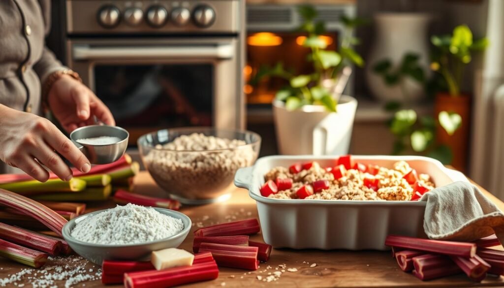A cozy kitchen scene capturing the essence of baking rhubarb crisp step by step. In the foreground, a wooden countertop cluttered with vibrant, fresh rhubarb stalks, a bowl of sugar, flour, oats, and butter awaiting mixing. A pair of hands clad in modest casual attire measure ingredients with precise care. In the middle, a mixing bowl filled with a buttery crumble, while a baking dish, slightly tilted, reveals the vibrant filling glistening beneath. The background softly blurs out, featuring a retro oven with the door ajar, warm light spilling out, and a green houseplant peeking from the corner. The warm lighting creates an inviting atmosphere, enhancing the root of spring baking, conveying a sense of comfort and homey warmth. The image captures a sunny afternoon, with a soft focus that evokes nostalgia and joy in a delightful baking process.