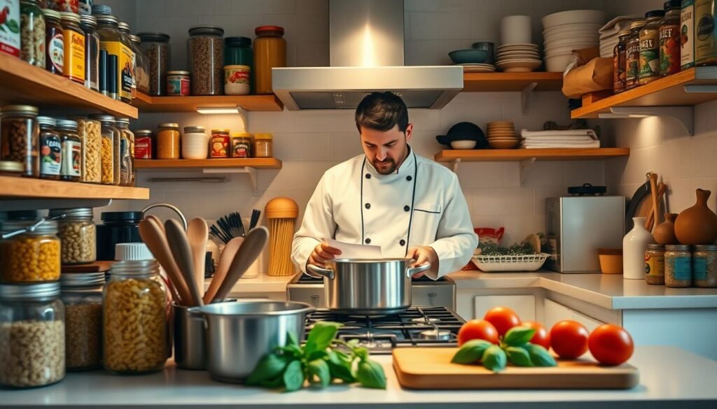 A cozy kitchen scene filled with various pantry staples arranged neatly on open shelves and countertops. In the foreground, jars of spices, pasta, canned tomatoes, and olive oil are displayed alongside quickly accessible tools like measuring cups and a wooden spoon. In the middle, a large pot of boiling water sits on the stove, while a chef in modest casual clothing plans a meal, glancing at a recipe card. The background features warm lighting highlighting the kitchen's inviting atmosphere, with fresh basil and tomatoes on a cutting board. The mood conveys efficiency and creativity, showcasing the essence of time-saving hacks in cooking. Capture this scene from a slightly elevated angle, allowing a clear view of the busy, yet organized kitchen workspace.
