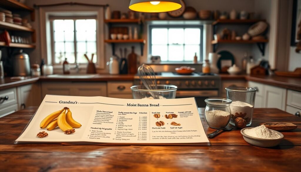 A cozy kitchen scene, illuminated by warm, soft lighting from a large window, showcasing a rustic wooden table in the foreground. On the table, a beautifully arranged step-by-step baking instructions layout for Grandma's Moist Banana Bread. Each step intricately illustrated: one section features mashed bananas, another has eggs and flour, adorned with fresh ingredients like walnuts and vanilla pods. In the middle, a mixing bowl with a whisking motion captured, and measuring cups filled with flour and sugar. The background features a vintage oven and shelves lined with baking essentials, creating a homely, inviting atmosphere. The overall mood is warm and nostalgic, emphasizing the love of homemade baking.