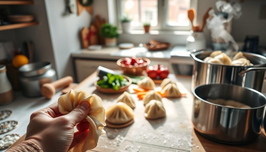 A cozy kitchen setting, bright and cheerful, showcasing a step-by-step guide to creating squishy dumplings. In the foreground, a hands-on view of hands gently folding dough with filling, showcasing the intricate details of the dumpling-making process. The middle layer features a well-organized workspace with various tools like a rolling pin, flour-dusted surfaces, and vibrant ingredients spread out: fresh vegetables, meat, and seasonings. The background includes a soft-focus image of a steaming pot with dumplings, creating a warm and inviting atmosphere. Soft, natural lighting pours in through a window, casting gentle shadows that enhance the textures. The composition is warm and welcoming, ideal for an instructional guide, encouraging an engaging home-cooking experience.