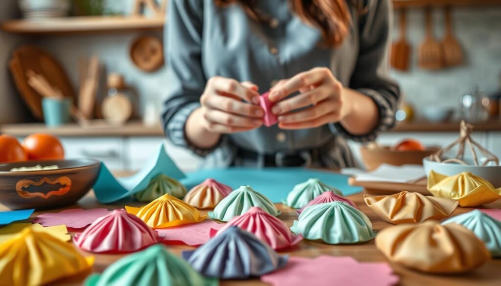 A detailed tabletop setup showcasing various squishy paper craft tips related to dumplings. In the foreground, a playful assortment of brightly colored paper with cut-outs shaped like dumplings, including different textures such as glossy and matte. In the middle layer, a pair of hands meticulously folding paper dumplings, demonstrating the crafting technique, wearing modest casual attire. The background features a softly blurred kitchen setting bathed in warm, natural light, with utensils and ingredients subtly arranged to create an inviting atmosphere. The overall mood is creative and light-hearted, emphasizing the joy of crafting and the intricate details of paper art. The focus should be sharp on the hands and crafts, with a slight bokeh effect in the background.
