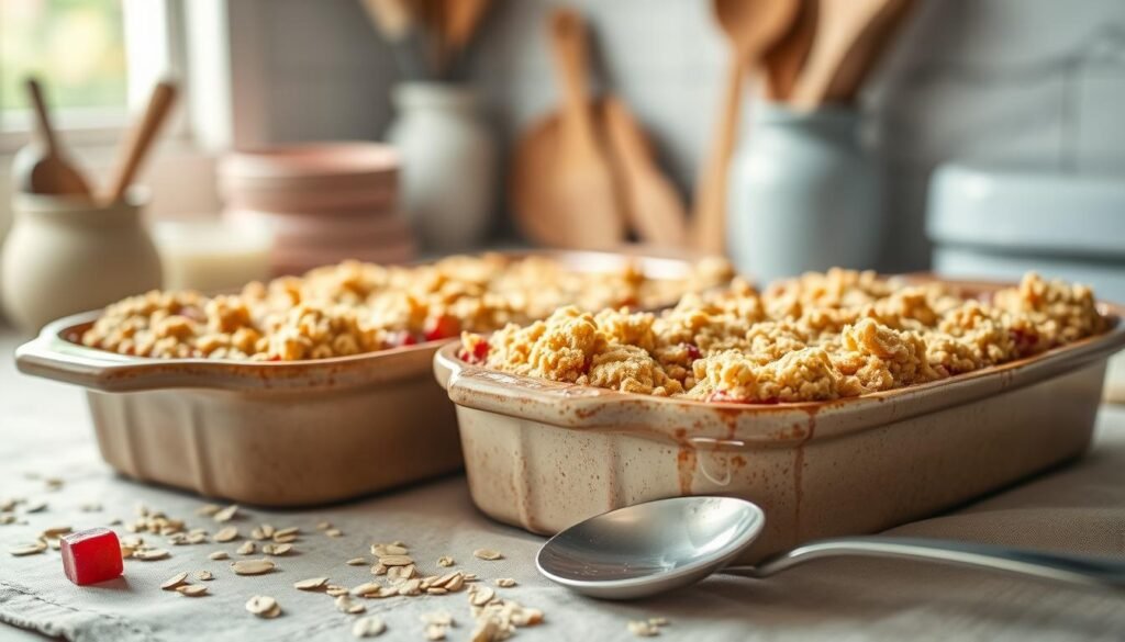 A freshly baked homemade rhubarb crisp with a golden, buttery crumb topping takes center stage, served in a rustic, warm ceramic dish. The bright pink and green hues of the rhubarb peeking through the crumb contrast beautifully against a soft, neutral tablecloth. In the foreground, a spoon rests nearby, hinting at the deliciousness within. The middle ground reveals sprinkled oats and sugar scattered artfully around the dish, while a blurred background features wooden kitchen utensils and a cozy kitchen ambiance. Soft, natural lighting streams in from a window, casting gentle shadows and highlighting the crisp's texture. The mood is inviting and homey, evoking a sense of warmth and comfort, perfect for a shared dessert moment.